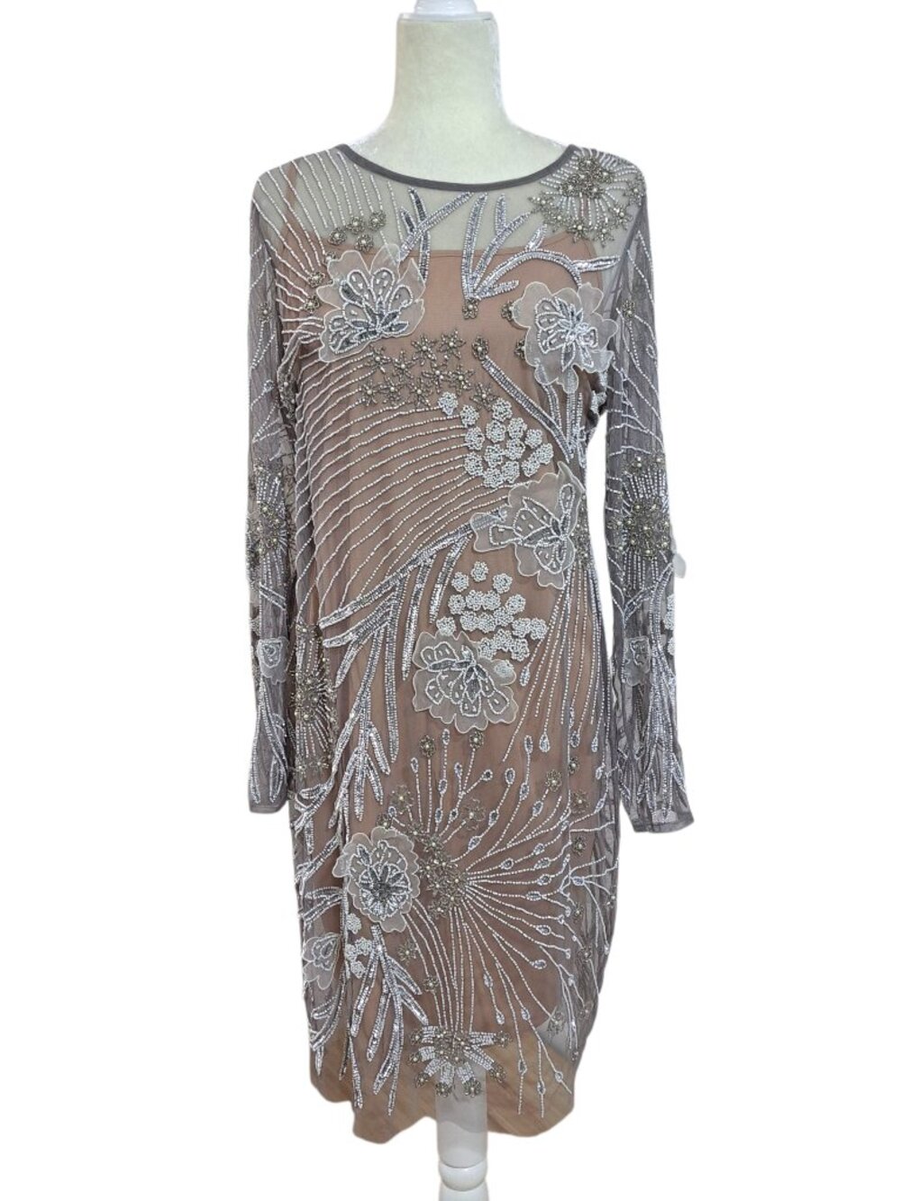 Adrianna Papell Women's Sequin Beaded Party Cocktail Wedding Grey Mesh Sz 14